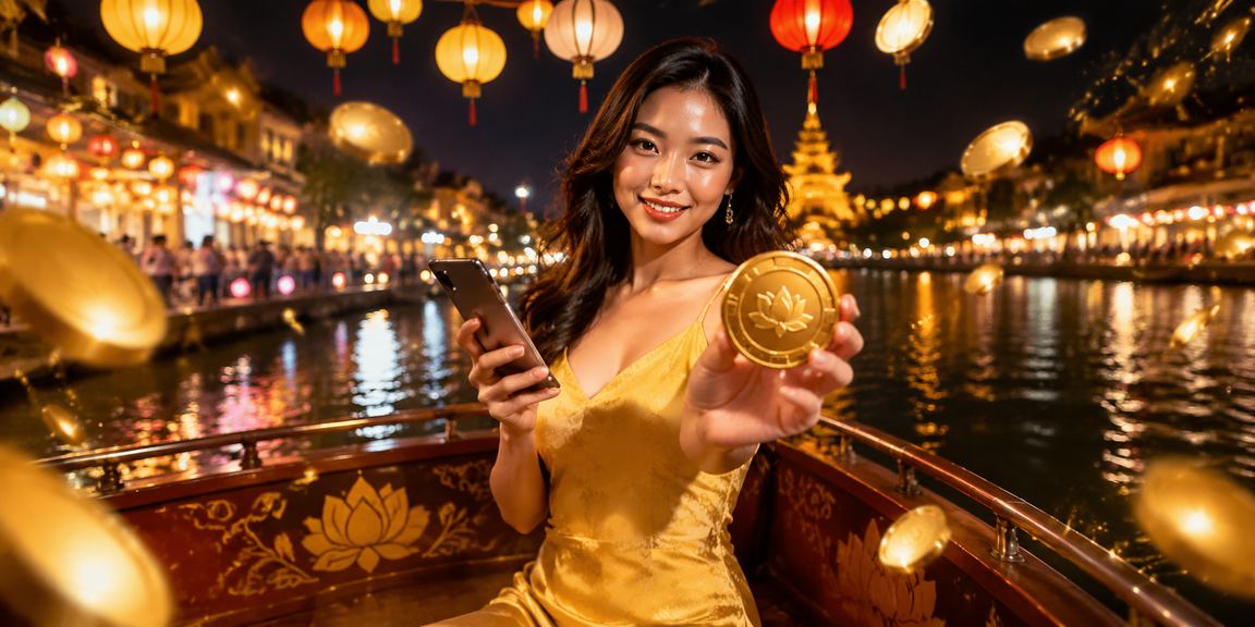 Người dùng trải nghiệm casino di động tại chợ đêm Huế dưới ánh đèn lung linh