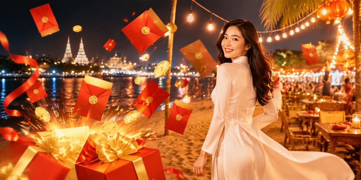 Phụ nữ áo dài vùng Đồng bằng sông Cửu Long nhận phong bao lì xì trong dịp lễ hội